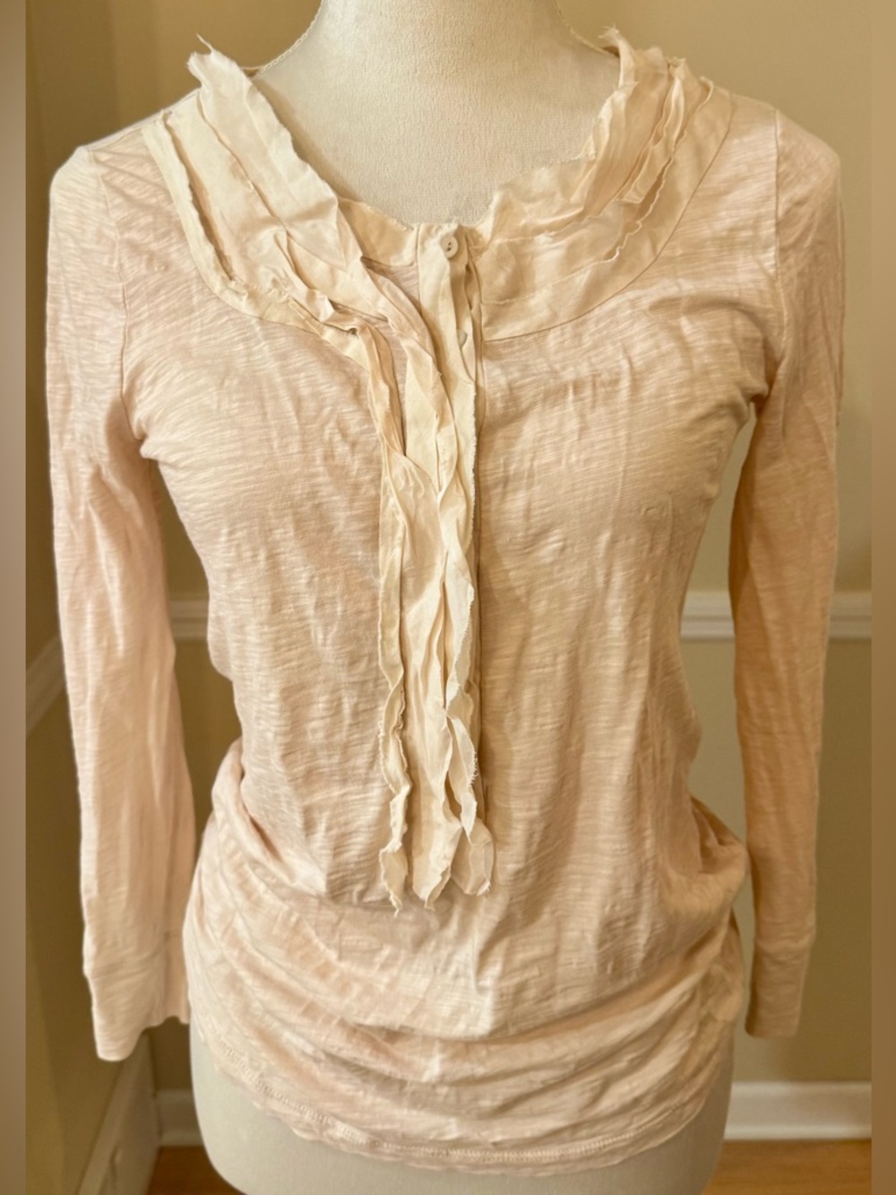 🩰 J.Crew Blush Ruffle Silk Trim Top XS Soft Romantic 3/4 Sleeve